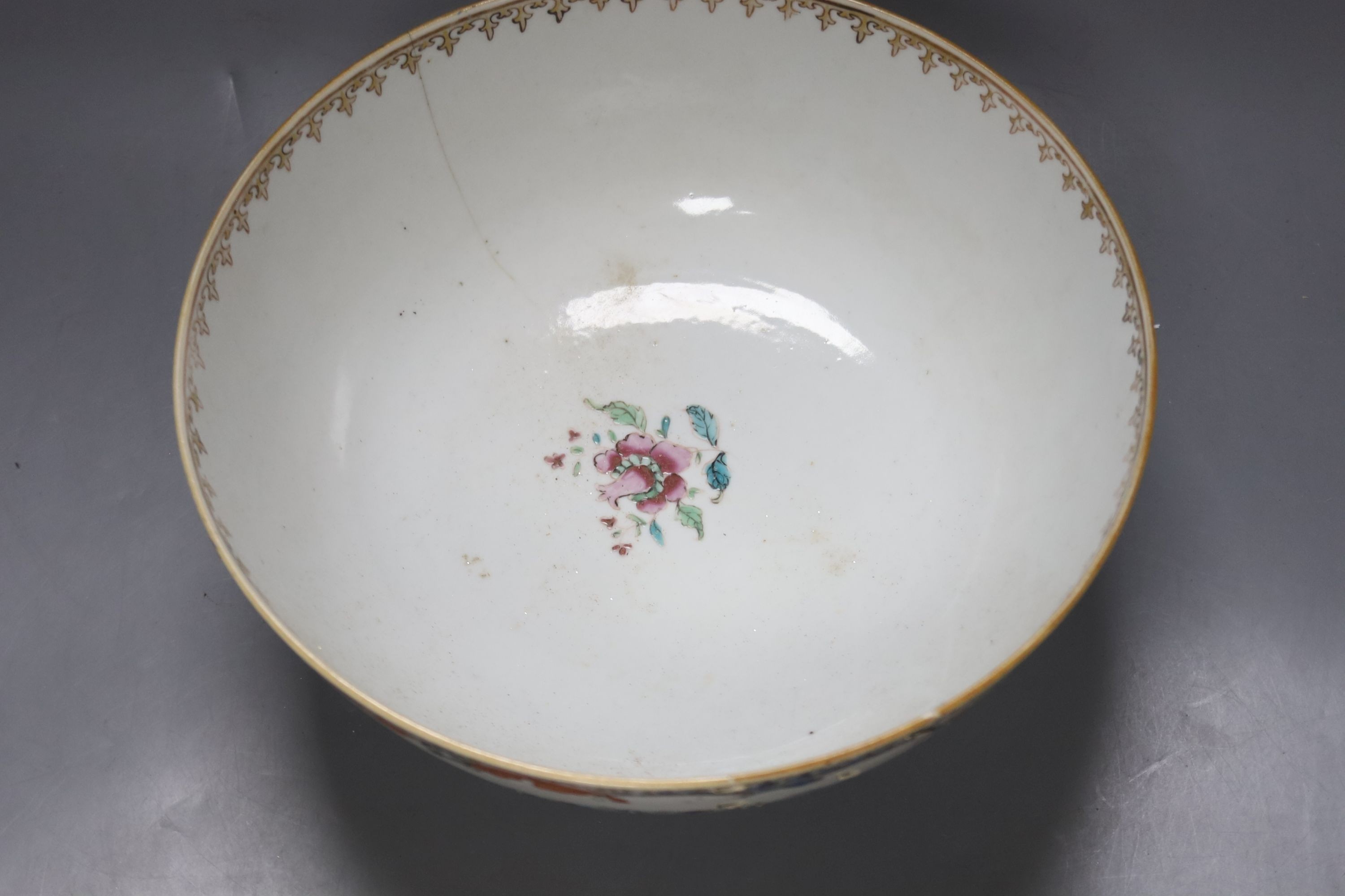 A Chinese blue and white pillow, an 18th century Chinese export bowl, diameter 26cm, and three similar plates